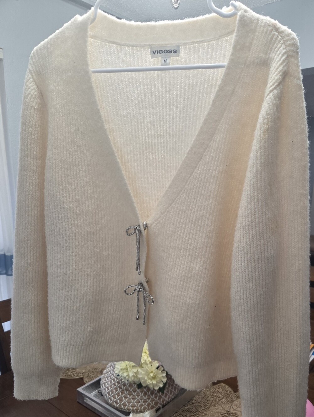 Vigoss Soft Cream V-Neck Tie-Front Cardigan